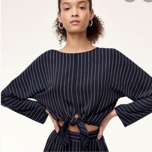 Babaton Abasi Navy Pinstriped Tie Front Cropped Blouse Size XS